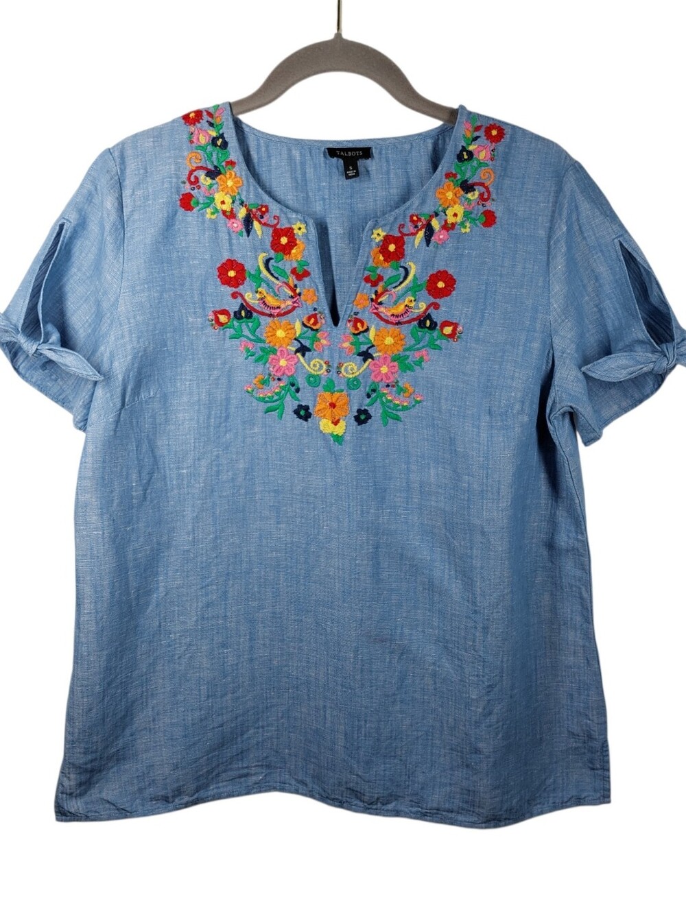 Talbots Floral Embroidered Boho Top Women's Small Tie Sleeves Linen Cotton